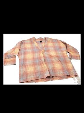 Patagonia Peach Blue Organic Cotton V Neck PLAID womens L Shirt Flannel PULLOVER